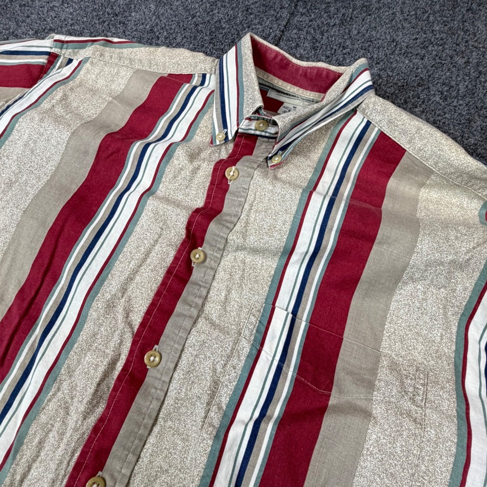 Natural Issue Mens Medium Striped Button Down Shirt Short Sleeve Cotton Burgundy